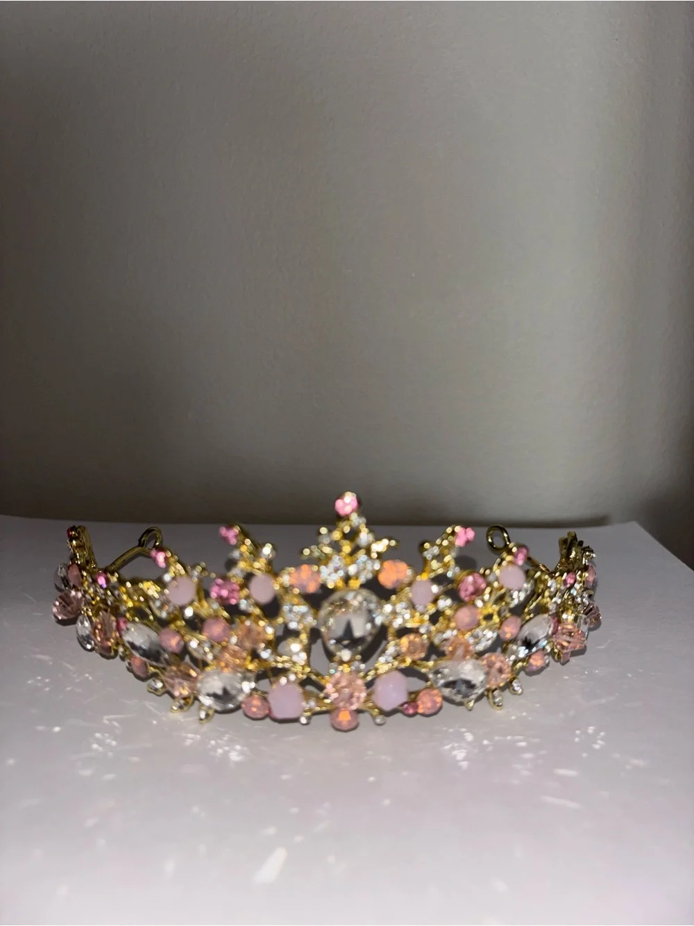 Gold Princess Tiara Crown with Pink and Silver Gems Hair Accessory